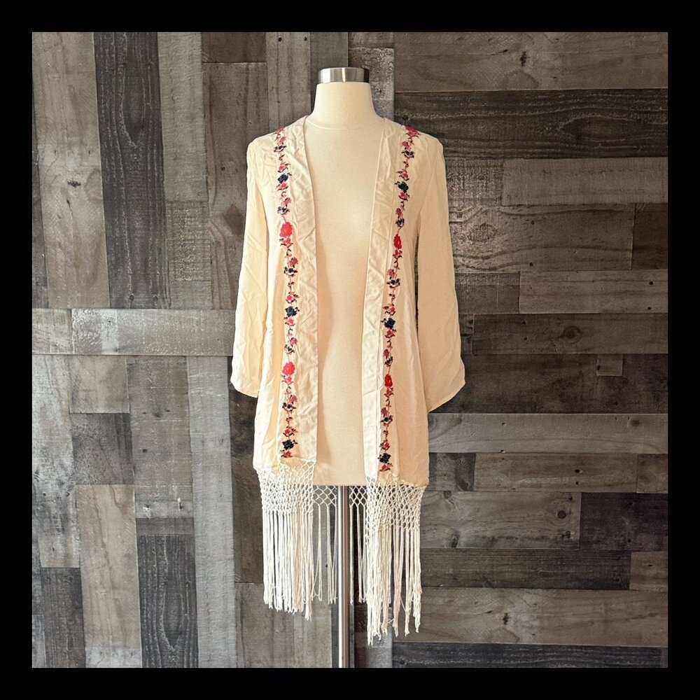 Anthropologie Staring At Stars cream wrap XSmall floral tassels coastal cowgirl